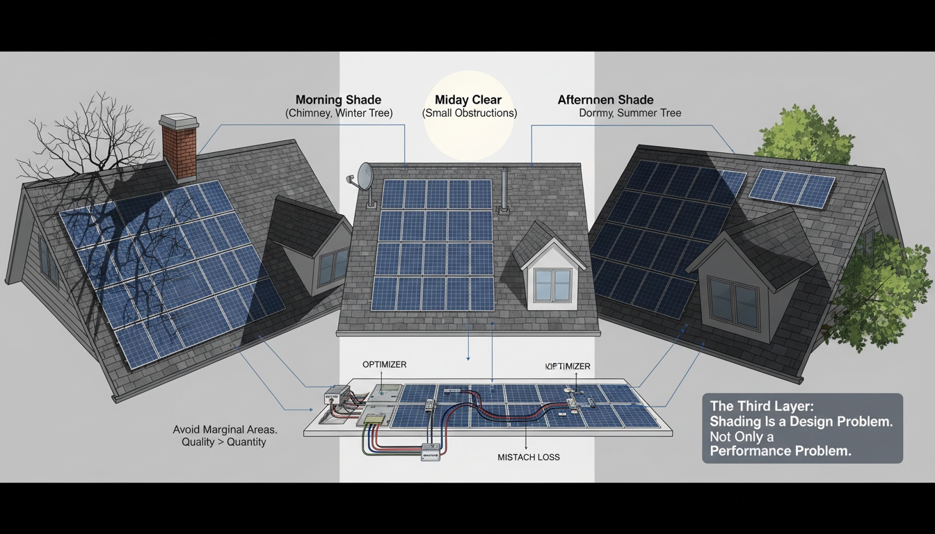 Roof shading analysis for residential PV design showing morning shade, midday clear zones, afternoon shade, and module-level optimization